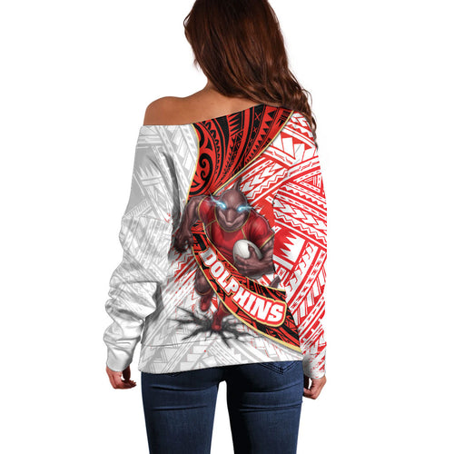 Redcliffe Dolphins NRL Rugby Off Shoulder Sweater Tribal Polynesian Power Art - Lightning Mascot