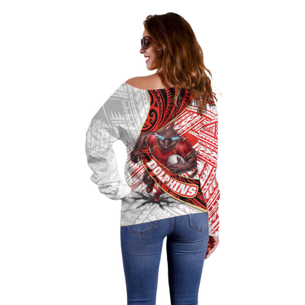 Redcliffe Dolphins NRL Rugby Off Shoulder Sweater Tribal Polynesian Power Art - Lightning Mascot