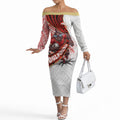 Redcliffe Dolphins NRL Rugby Off The Shoulder Long Sleeve Dress Tribal Polynesian Power Art - Lightning Mascot