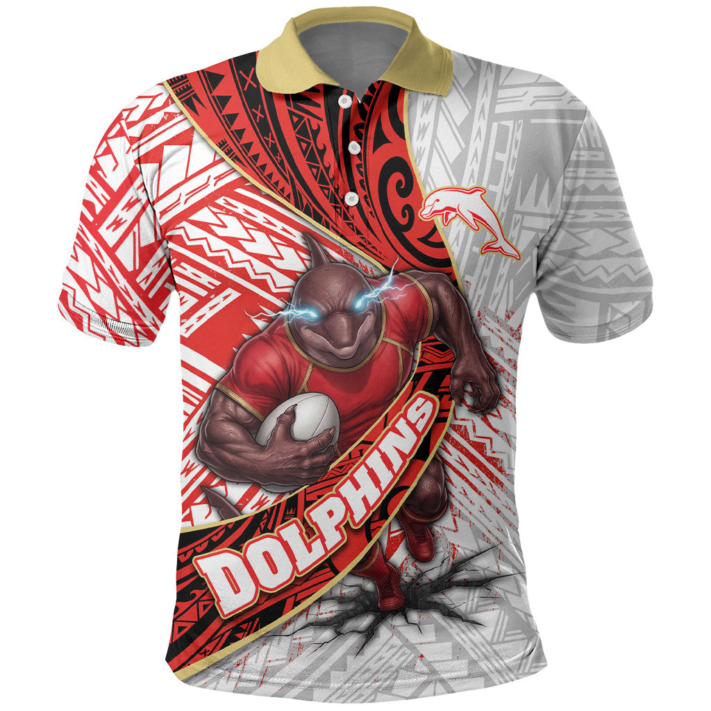 Redcliffe Dolphins NRL Rugby Polo Shirt Tribal Polynesian Power Art - Lightning Mascot