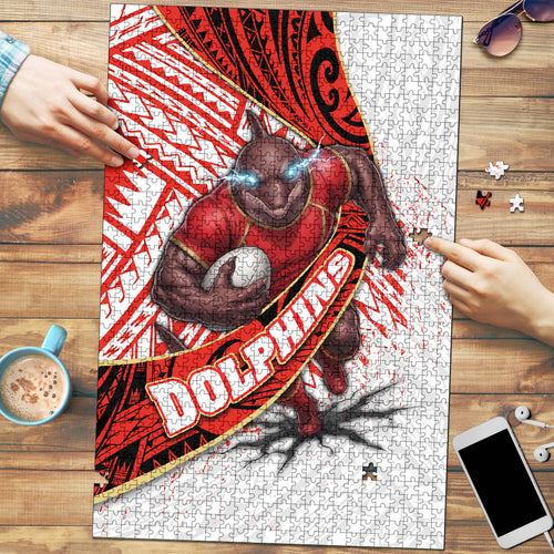 Redcliffe Dolphins NRL Rugby Puzzle Tribal Polynesian Power Art - Lightning Mascot