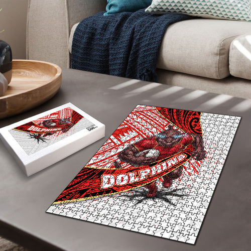 Redcliffe Dolphins NRL Rugby Puzzle Tribal Polynesian Power Art - Lightning Mascot