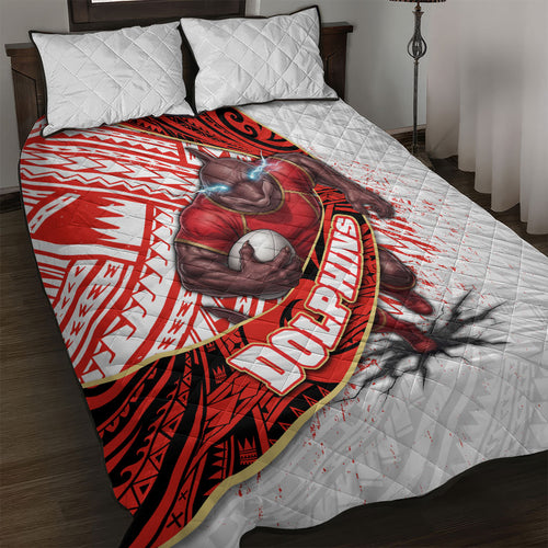 Redcliffe Dolphins NRL Rugby Quilt Bed Set Tribal Polynesian Power Art - Lightning Mascot