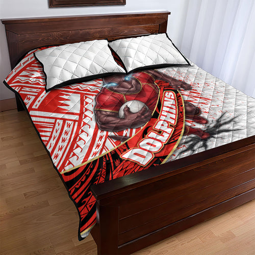 Redcliffe Dolphins NRL Rugby Quilt Bed Set Tribal Polynesian Power Art - Lightning Mascot