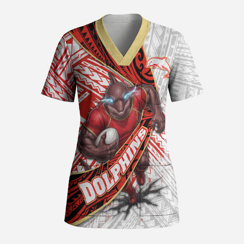 Redcliffe Dolphins NRL Rugby Scrub Top Tribal Polynesian Power Art - Lightning Mascot