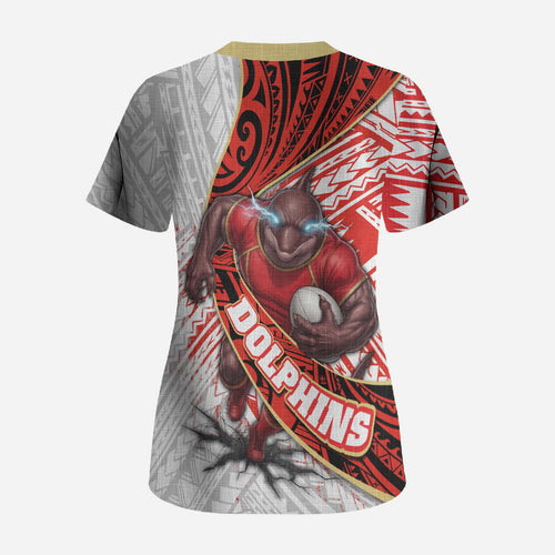 Redcliffe Dolphins NRL Rugby Scrub Top Tribal Polynesian Power Art - Lightning Mascot
