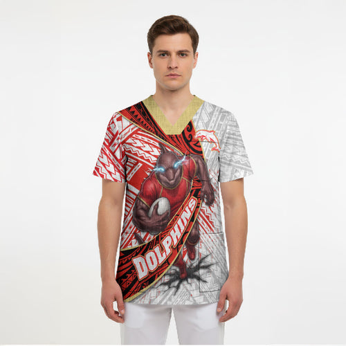 Redcliffe Dolphins NRL Rugby Scrub Top Tribal Polynesian Power Art - Lightning Mascot