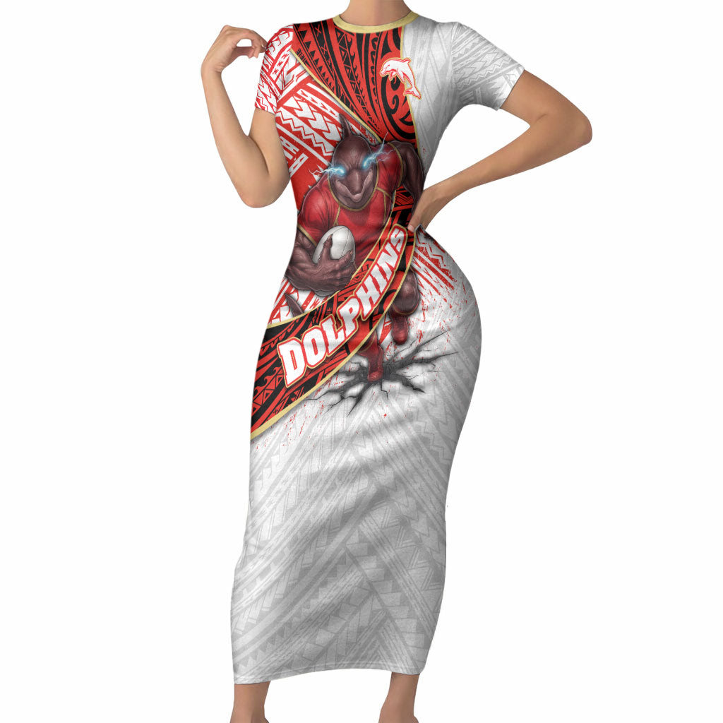Redcliffe Dolphins NRL Rugby Short Sleeve Bodycon Dress Tribal Polynesian Power Art - Lightning Mascot
