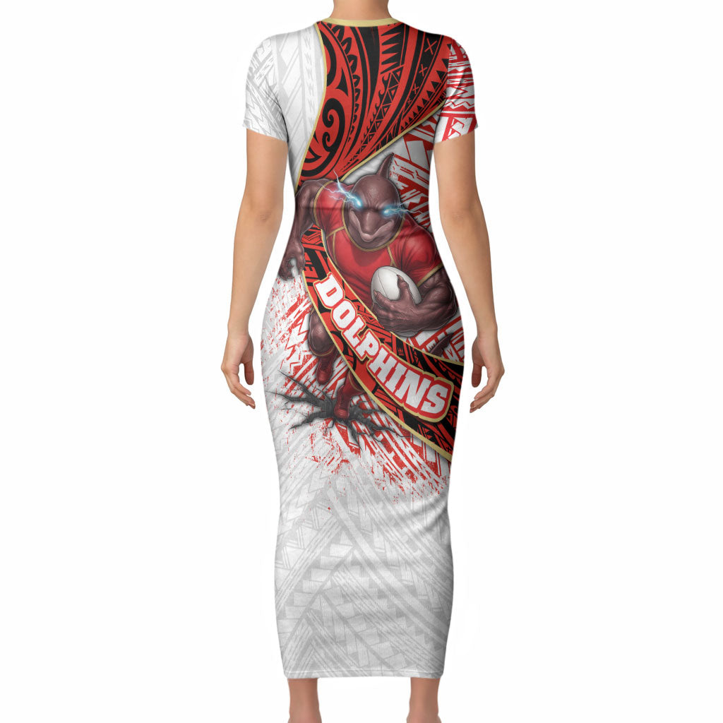 Redcliffe Dolphins NRL Rugby Short Sleeve Bodycon Dress Tribal Polynesian Power Art - Lightning Mascot