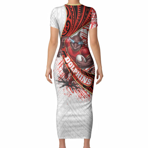 Redcliffe Dolphins NRL Rugby Short Sleeve Bodycon Dress Tribal Polynesian Power Art - Lightning Mascot