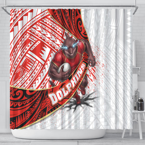 Redcliffe Dolphins NRL Rugby Shower Curtain Tribal Polynesian Power Art - Lightning Mascot