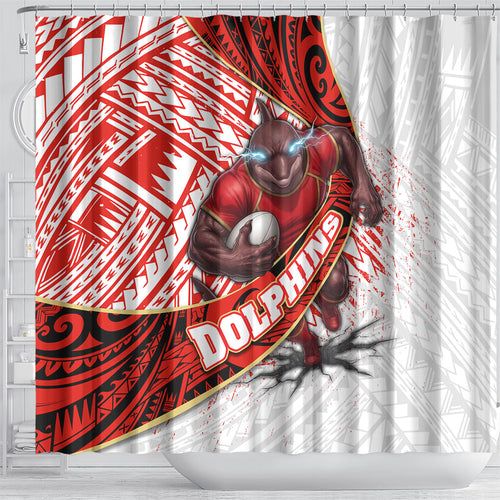 Redcliffe Dolphins NRL Rugby Shower Curtain Tribal Polynesian Power Art - Lightning Mascot