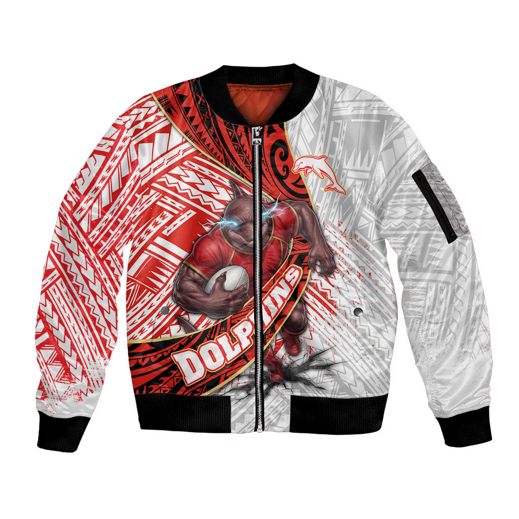 Redcliffe Dolphins NRL Rugby Sleeve Zip Bomber Jacket Tribal Polynesian Power Art - Lightning Mascot