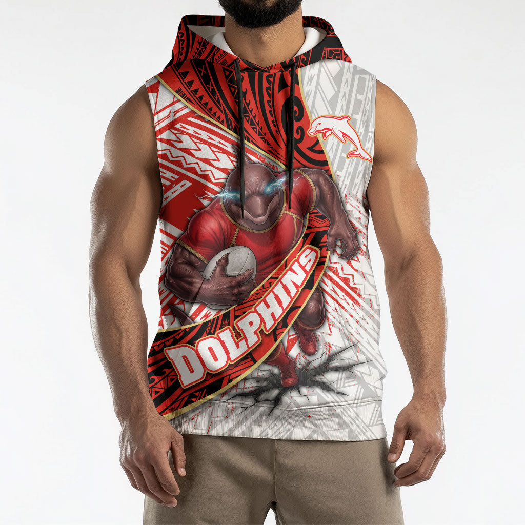 Redcliffe Dolphins NRL Rugby Sleeveless Hoodie Tribal Polynesian Power Art - Lightning Mascot