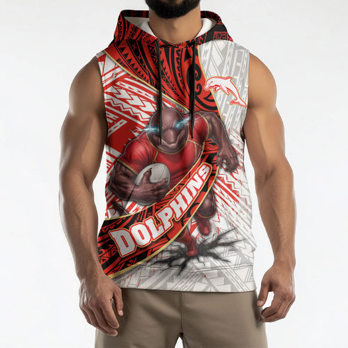 Redcliffe Dolphins NRL Rugby Sleeveless Hoodie Tribal Polynesian Power Art - Lightning Mascot