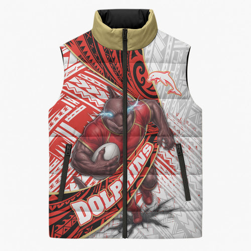 Redcliffe Dolphins NRL Rugby Sleeveless Puffer Jacket Tribal Polynesian Power Art - Lightning Mascot