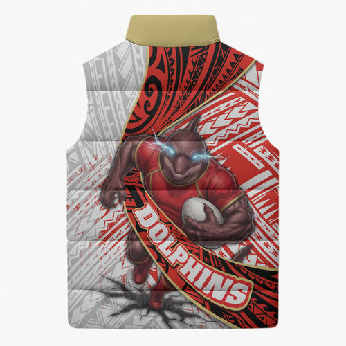 Redcliffe Dolphins NRL Rugby Sleeveless Puffer Jacket Tribal Polynesian Power Art - Lightning Mascot
