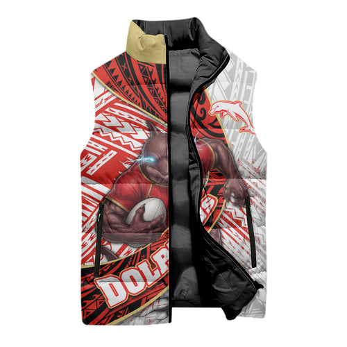 Redcliffe Dolphins NRL Rugby Sleeveless Puffer Jacket Tribal Polynesian Power Art - Lightning Mascot