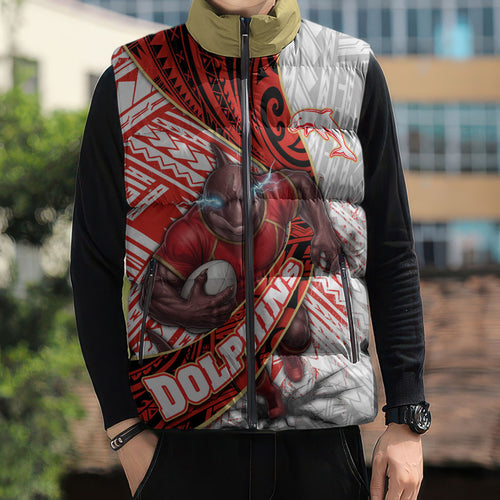 Redcliffe Dolphins NRL Rugby Sleeveless Puffer Jacket Tribal Polynesian Power Art - Lightning Mascot