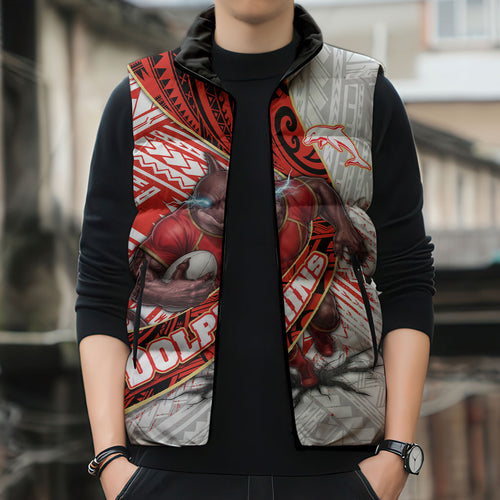 Redcliffe Dolphins NRL Rugby Sleeveless Puffer Jacket Tribal Polynesian Power Art - Lightning Mascot