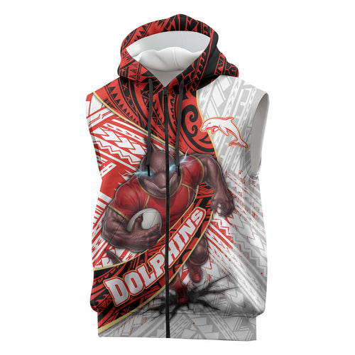 Redcliffe Dolphins NRL Rugby Sleeveless Zip Hoodie Tribal Polynesian Power Art - Lightning Mascot