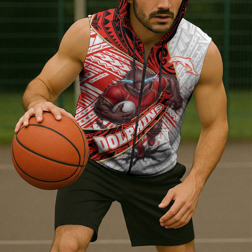 Redcliffe Dolphins NRL Rugby Sleeveless Zip Hoodie Tribal Polynesian Power Art - Lightning Mascot