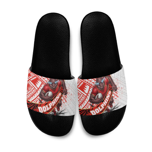 Redcliffe Dolphins NRL Rugby Slide Sandals Tribal Polynesian Power Art - Lightning Mascot