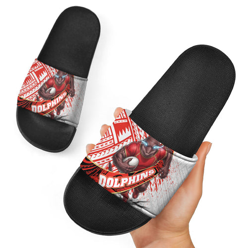 Redcliffe Dolphins NRL Rugby Slide Sandals Tribal Polynesian Power Art - Lightning Mascot