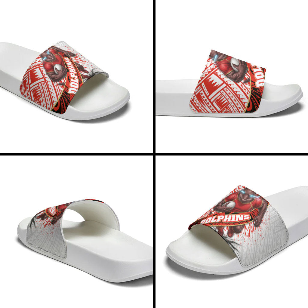 Redcliffe Dolphins NRL Rugby Slide Sandals Tribal Polynesian Power Art - Lightning Mascot