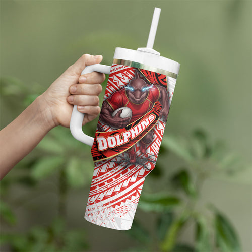 Redcliffe Dolphins NRL Rugby Tumbler With Handle Tribal Polynesian Power Art - Lightning Mascot