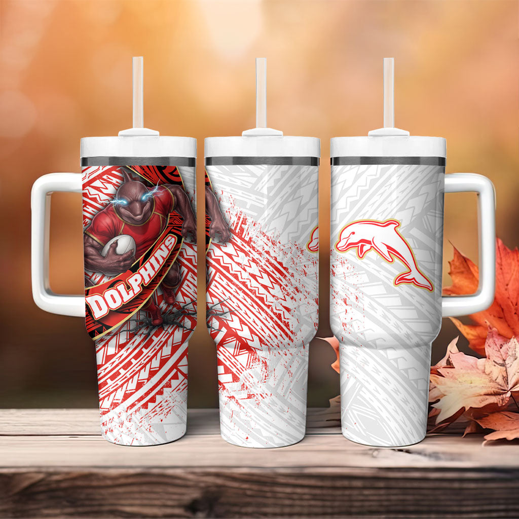 Redcliffe Dolphins NRL Rugby Tumbler With Handle Tribal Polynesian Power Art - Lightning Mascot