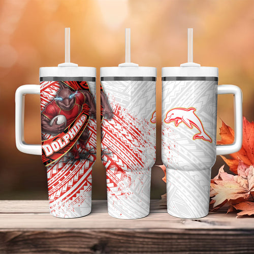 Redcliffe Dolphins NRL Rugby Tumbler With Handle Tribal Polynesian Power Art - Lightning Mascot