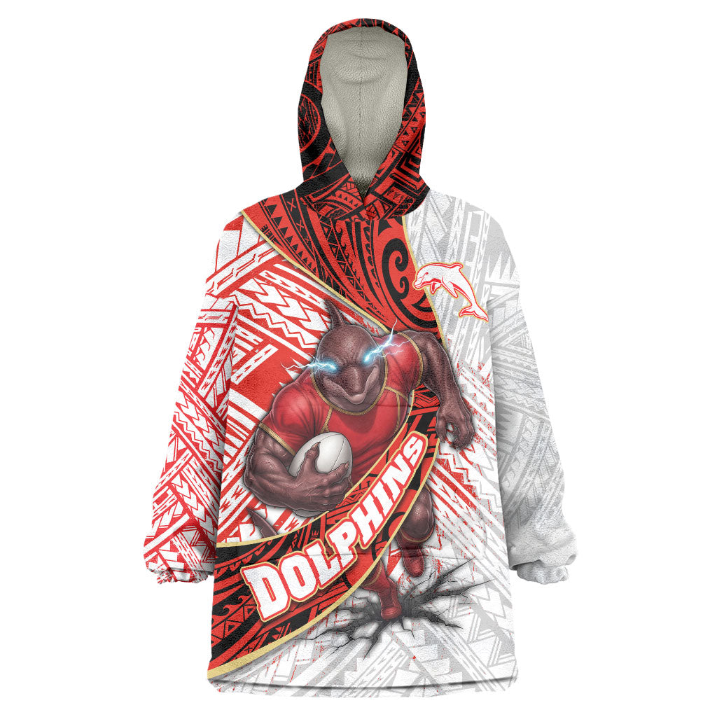 Redcliffe Dolphins NRL Rugby Wearable Blanket Hoodie Tribal Polynesian Power Art - Lightning Mascot