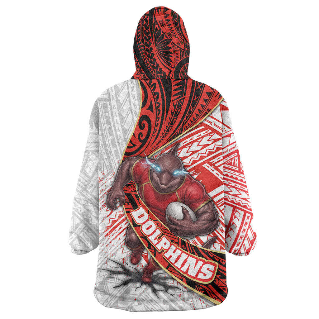 Redcliffe Dolphins NRL Rugby Wearable Blanket Hoodie Tribal Polynesian Power Art - Lightning Mascot