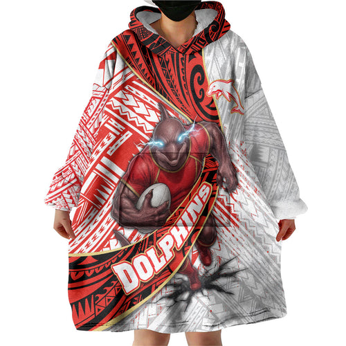 Redcliffe Dolphins NRL Rugby Wearable Blanket Hoodie Tribal Polynesian Power Art - Lightning Mascot