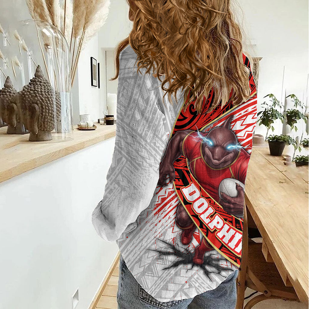 Redcliffe Dolphins NRL Rugby Women Casual Shirt Tribal Polynesian Power Art - Lightning Mascot