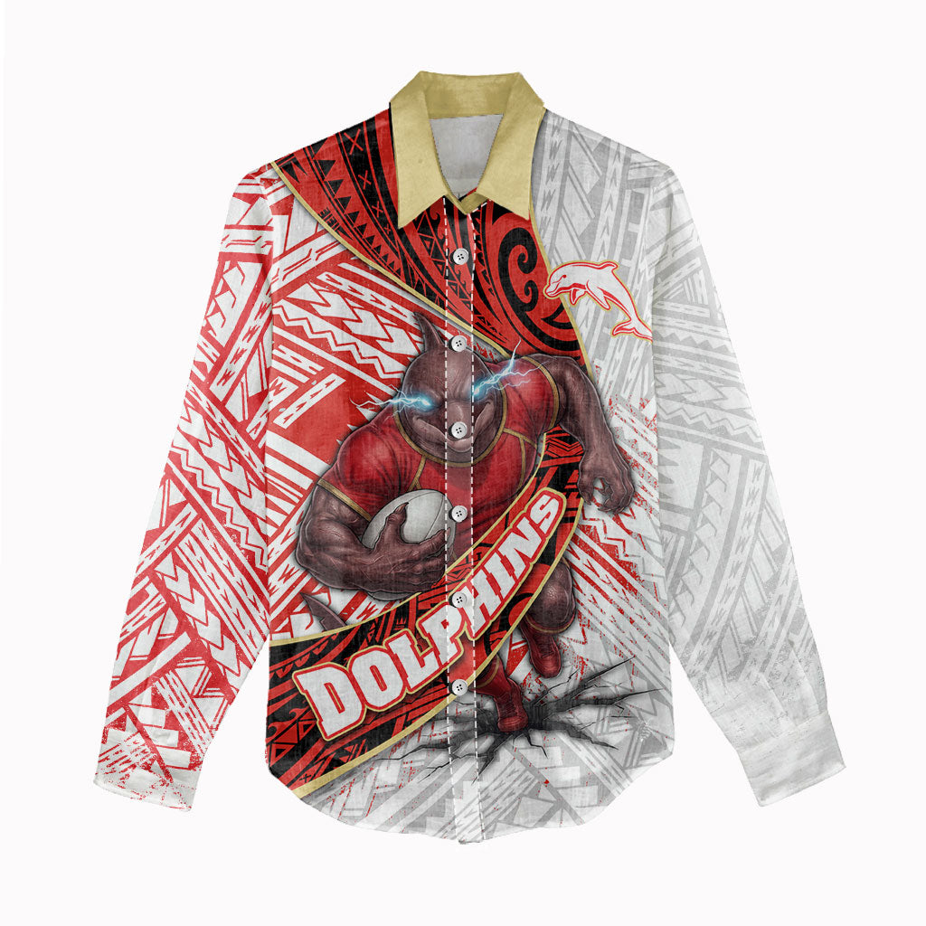 Redcliffe Dolphins NRL Rugby Women Casual Shirt Tribal Polynesian Power Art - Lightning Mascot
