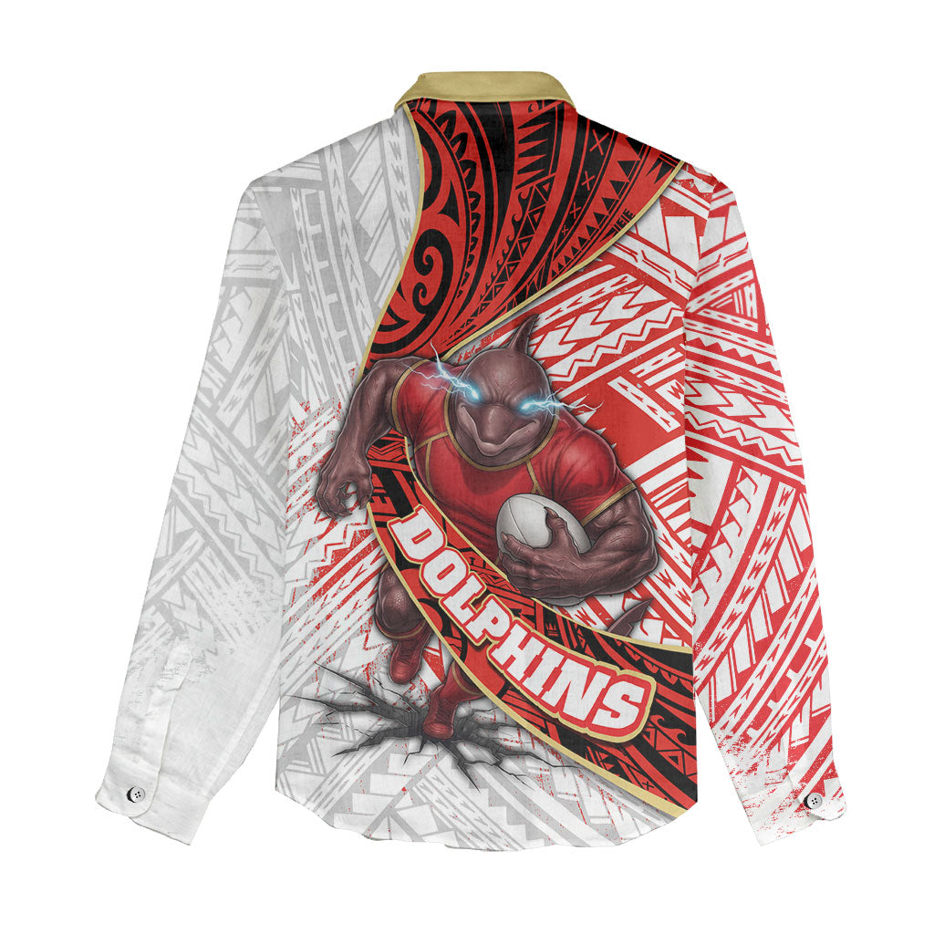 Redcliffe Dolphins NRL Rugby Women Casual Shirt Tribal Polynesian Power Art - Lightning Mascot