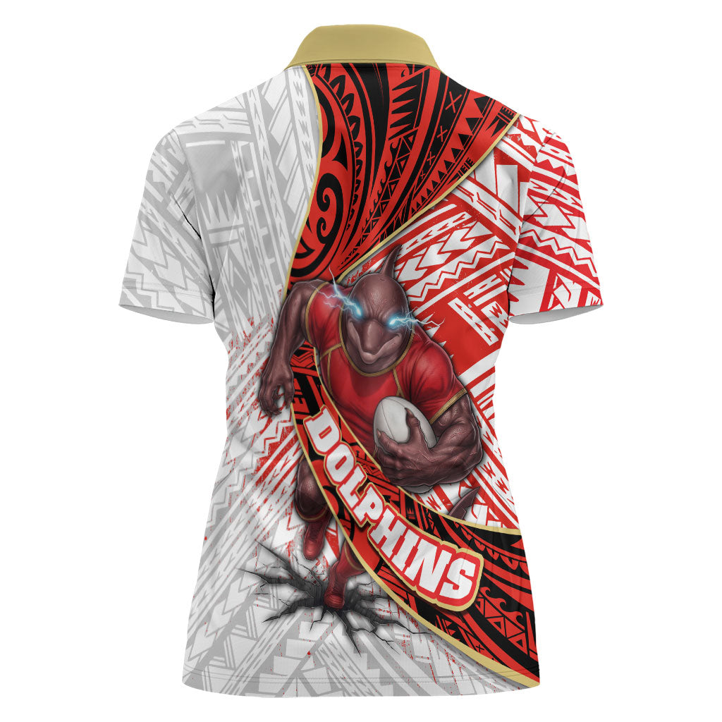Redcliffe Dolphins NRL Rugby Women Polo Shirt Tribal Polynesian Power Art - Lightning Mascot