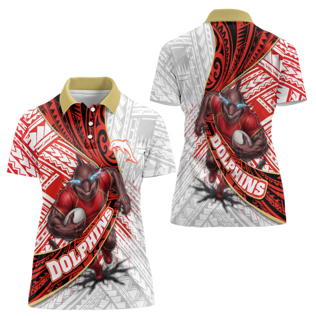 Redcliffe Dolphins NRL Rugby Women Polo Shirt Tribal Polynesian Power Art - Lightning Mascot