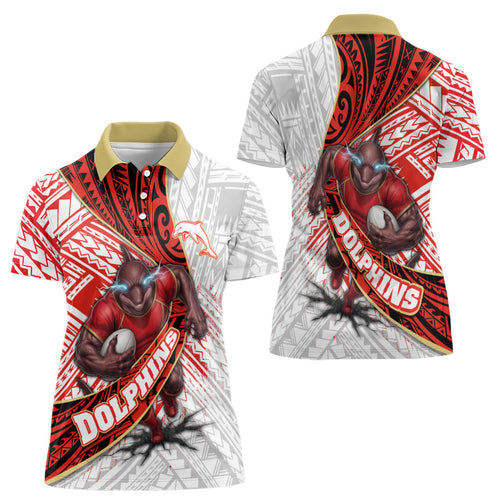 Redcliffe Dolphins NRL Rugby Women Polo Shirt Tribal Polynesian Power Art - Lightning Mascot