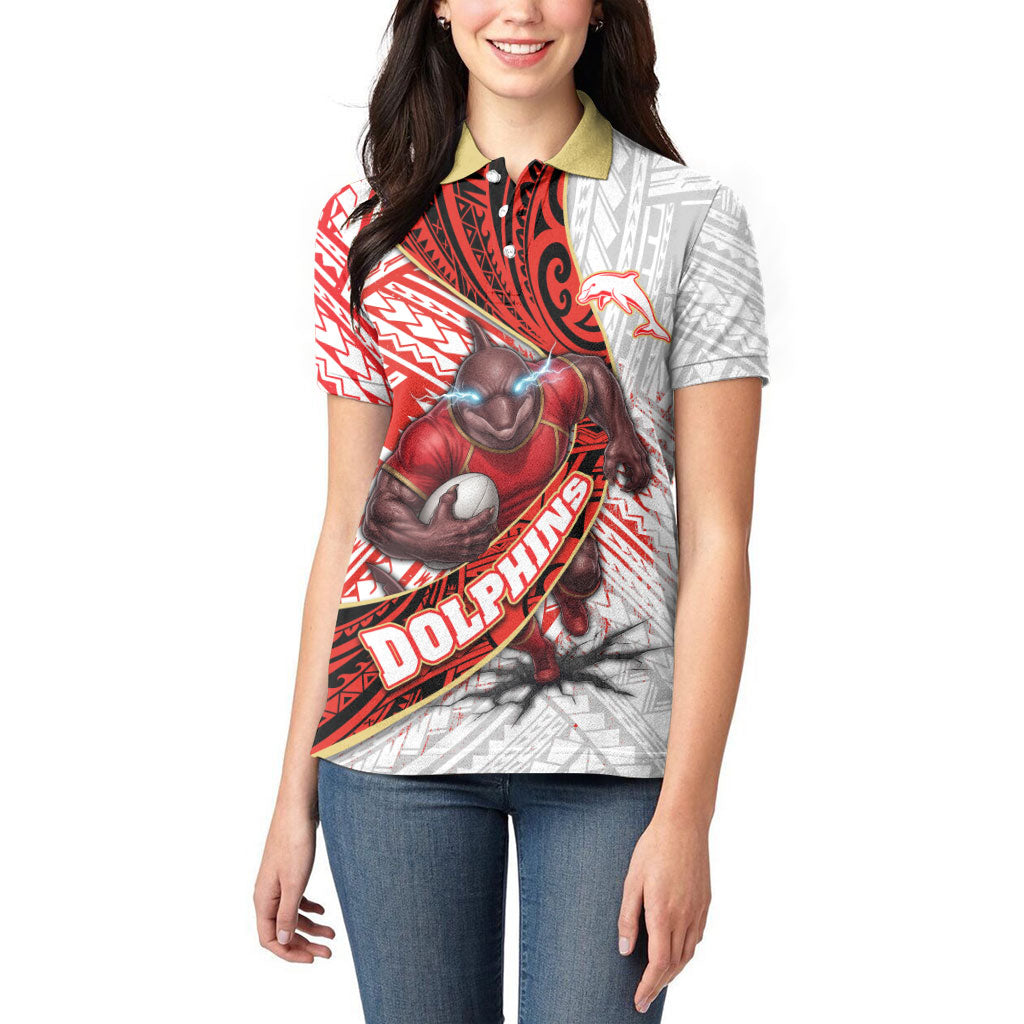 Redcliffe Dolphins NRL Rugby Women Polo Shirt Tribal Polynesian Power Art - Lightning Mascot