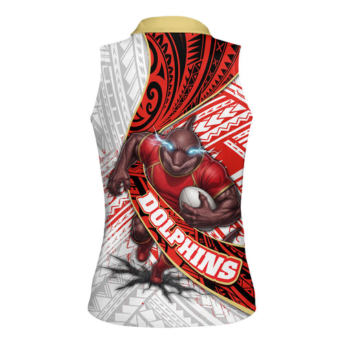Redcliffe Dolphins NRL Rugby Women Sleeveless Polo Shirt Tribal Polynesian Power Art - Lightning Mascot