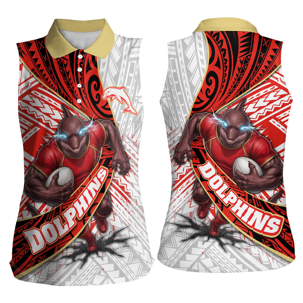 Redcliffe Dolphins NRL Rugby Women Sleeveless Polo Shirt Tribal Polynesian Power Art - Lightning Mascot