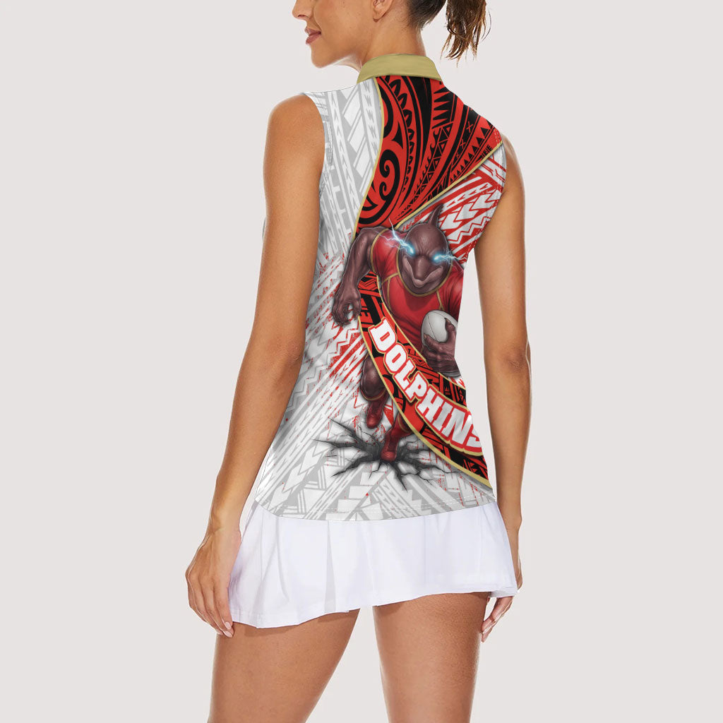 Redcliffe Dolphins NRL Rugby Women Sleeveless Polo Shirt Tribal Polynesian Power Art - Lightning Mascot