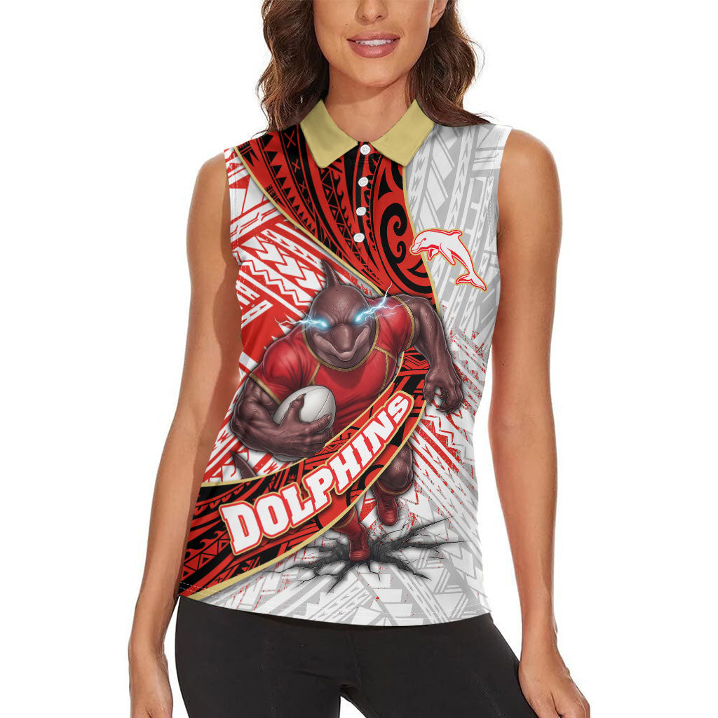 Redcliffe Dolphins NRL Rugby Women Sleeveless Polo Shirt Tribal Polynesian Power Art - Lightning Mascot