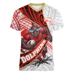 Redcliffe Dolphins NRL Rugby Women V-Neck T-Shirt Tribal Polynesian Power Art - Lightning Mascot