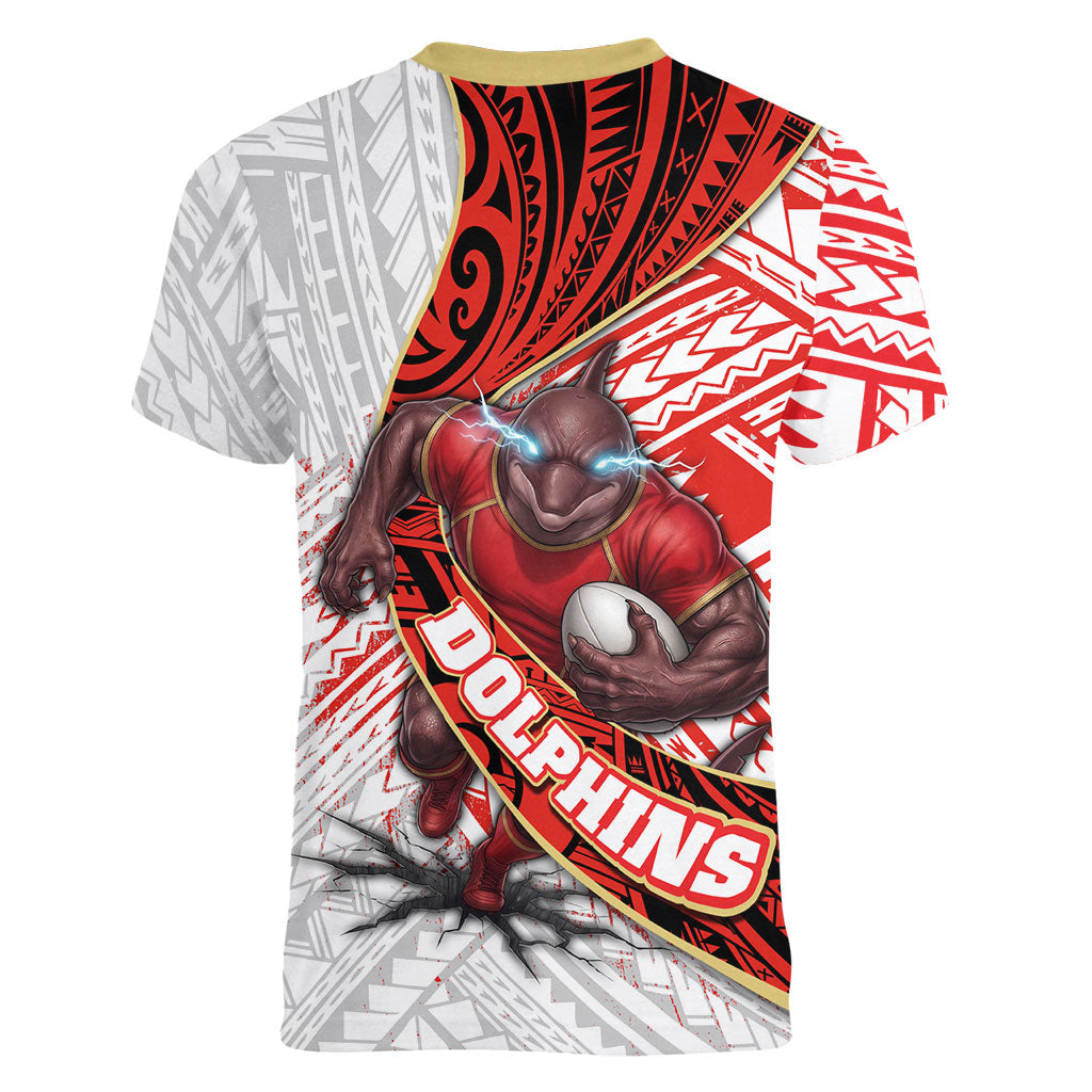 Redcliffe Dolphins NRL Rugby Women V-Neck T-Shirt Tribal Polynesian Power Art - Lightning Mascot