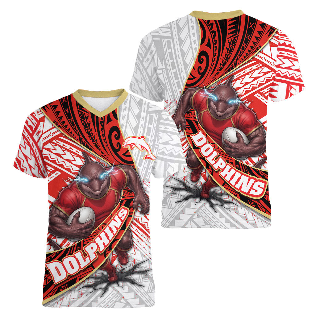 Redcliffe Dolphins NRL Rugby Women V-Neck T-Shirt Tribal Polynesian Power Art - Lightning Mascot
