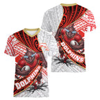 Redcliffe Dolphins NRL Rugby Women V-Neck T-Shirt Tribal Polynesian Power Art - Lightning Mascot
